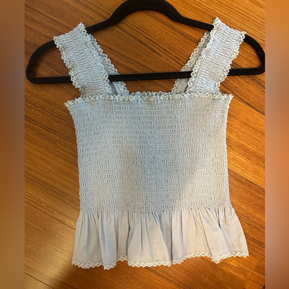 Reformation Light Blue Smocked Lace-Trim Camisole